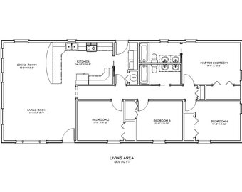 4 Schlafzimmer, 2 Bäder, Architekturpläne im Ranch-Stil, 1508 SF, 60&#39;x25&#39;, einstöckige Hauspläne, kompakter Familiengrundriss, digitale Blaupause PDF