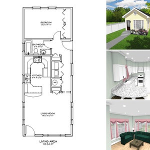 Plano de planta de 700 pies cuadrados, un dormitorio y un baño, pequeña casa de un piso para lotes estrechos, planos de casas de huéspedes, planos de casas de la abuela