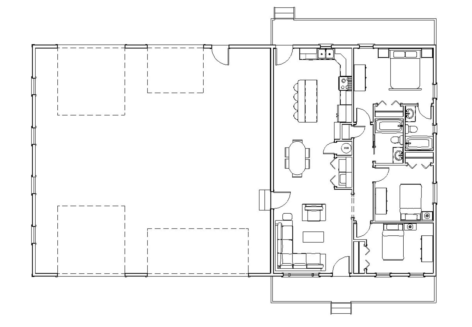 3 Bedroom 2 Bath Ranch Style Architectural Plans, RV Bus Big Rig Garage ...