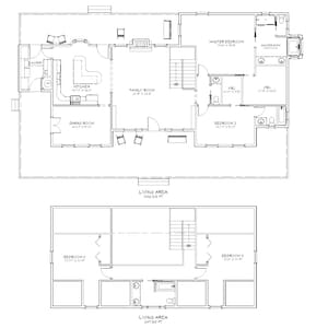 Plantas arquitetônicas de uma fazenda rural com 4 quartos e 3,5 banheiros, 2495 SF, 73&#39;x35&#39;, planta baixa de 2 andares, varanda envolvente, plantas de casas espaçosas
