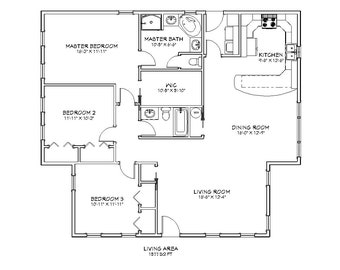 3 Bedroom 2 Bath Traditional Style Architectural Plans, 1577 SF, 44'x39', Spacious Floor Plan, Compact House Plans, Digital Blueprints PDF