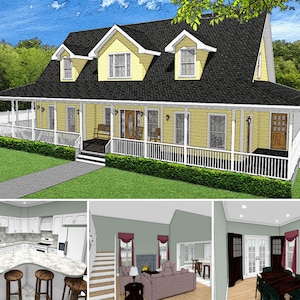 4 Bed 3.5 Bath 2500 SF 73x35 Hauspläne, Grundriss im Landhausstil, 2-stöckiges Haus mit vorderer und hinterer Veranda, digitale Blaupause PDF