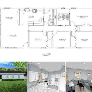 Könnte beinhalten: Ein Grundriss eines 1508 Quadratfuß großen Hauses mit vier Schlafzimmern, zwei Badezimmern, einer Küche, einem Esszimmer und einem Wohnzimmer. Das Haus hat eine hellblaue Außenfassade und ein weißes Dach. Der Grundriss zeigt die Anordnung der Räume und die Abmessungen jedes Raumes.