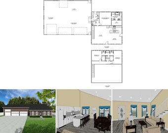 Op de afbeelding: Een 3D-weergave van een huisextérieur met een bakstenen gevel, een garagedeur en een veranda. Het huis heeft een lichtbruin dak en witte afwerking. De weergave toont een groene gazon en bomen op de achtergrond.