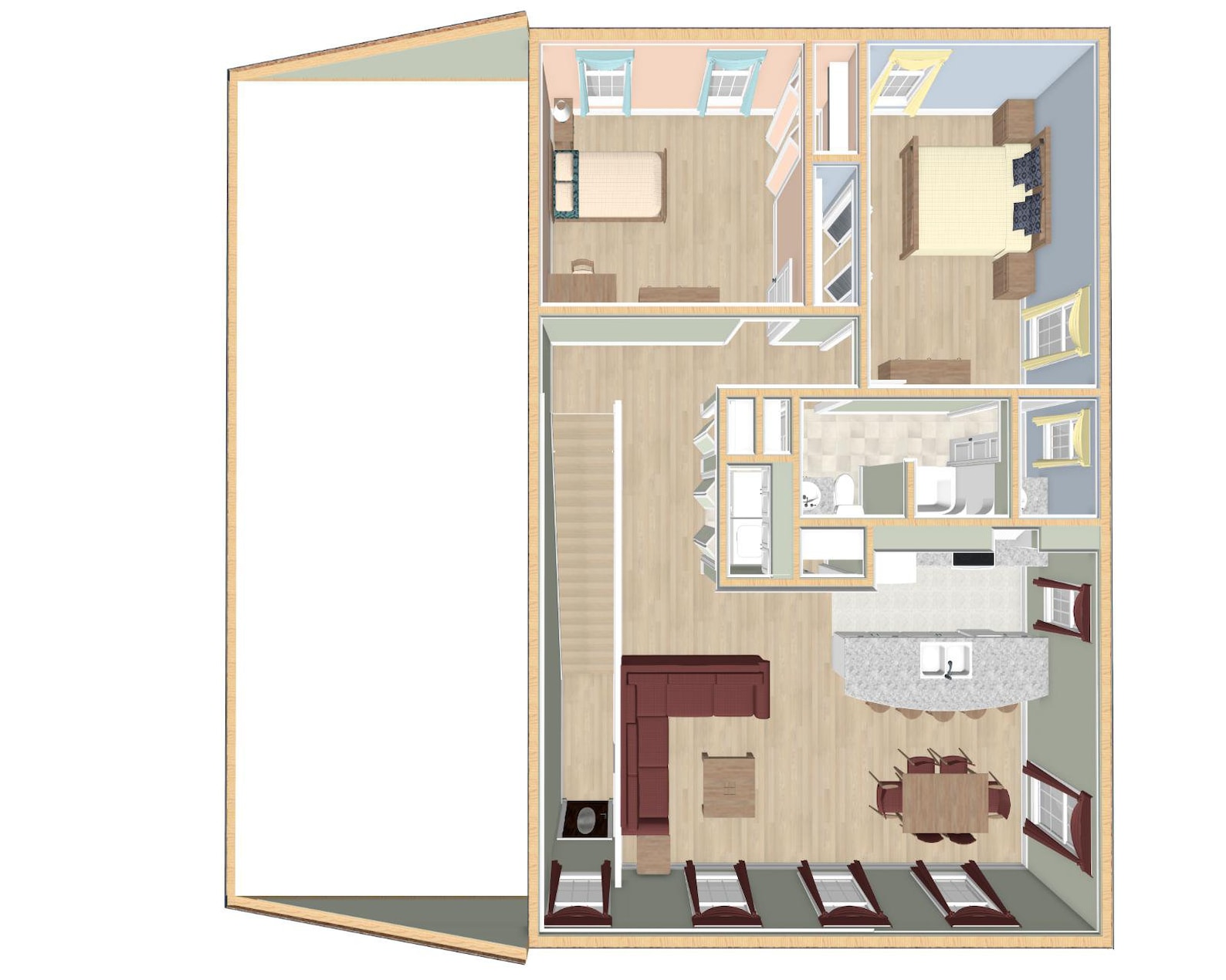 Two Bedroom Traditional Home Floor Plan, RV Bus Big Rig Garage With ...
