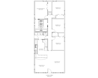 4 Bedroom 2 Bath, Narrow Cottage Architectural Plans, 1508 SF, 25'x60', One Story House Plans, Compact Floor Plan, Digital Blueprint PDF