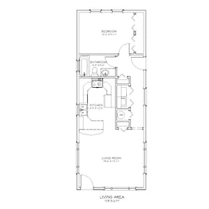 1 Bedroom 1 Bath Narrow Cottage Architectural Plans, 705 SF, 16'x43', Tiny House Plans, Small Home Floor Plan, Guest Mother in Law Granny