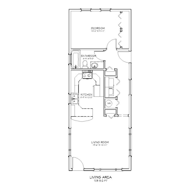 1 Bedroom 1 Bath Narrow Cottage Architectural Plans, 705 SF, 16'x43', Tiny House Plans, Small Home Floor Plan, Guest Mother in Law Granny