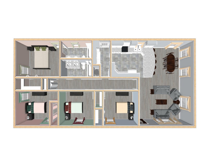 K&ouml;nnte beinhalten: Ein Grundriss eines Hauses mit drei Schlafzimmern, zwei Badezimmern, einer K&uuml;che, einem Esszimmer und einem Wohnzimmer. Das Haus ist mit M&ouml;beln und Ger&auml;ten eingerichtet.