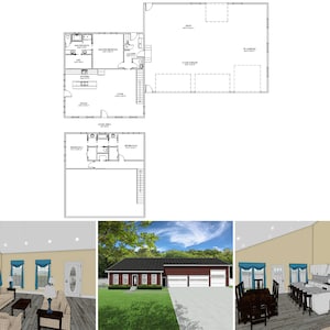 2000 Square Foot Three Bedroom Two and a Half Bathroom Barndominium Floor Plan, Two Story Cape Cod Style RV Bus Big Rig Garage House Plans