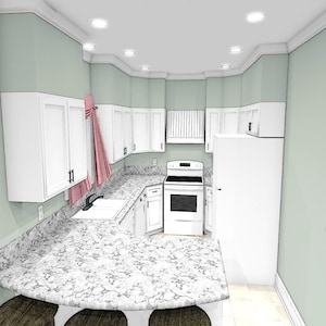 Puede incluir: Una cocina renderizada digitalmente con gabinetes blancos, un refrigerador blanco y una estufa blanca. Las encimeras son de color gris claro con vetas blancas. Las paredes son de color verde claro. La cocina tiene un fregadero y una ventana.