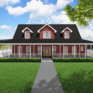 Traditionele huisplannen met 4 slaapkamers in boerderijstijl, 4/3,5, 2495 vierkante voet, 73'x35', plattegrond met twee verdiepingen, wikkel rond veranda, blauwdrukken