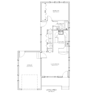 1 Bedroom 1 Bath Narrow Cottage Architectural Plans, 705 SF, 29&#39;x50&#39;, Tiny House Plans, Small Home Floor Plan, Guest, Mother in Law, Granny