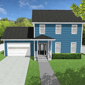 3 Bedroom Traditional Cape Cod Style House Plans, Classic Two Story Floor Plan, 3/2.5, 1728 Square Feet, 52&#39;x29&#39;, Double Garage, First Home