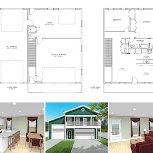 1200 Square Foot Two Bedroom One and a Half Bathroom Floor Plan, RV Bus Big Rig Double Garage with Apartment Upstairs, Tiny House Plans