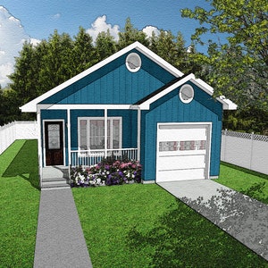 Two Bedroom Country Cottage Floor Plan, Tiny House Plans, 884 Square Feet, 29&#39;x50&#39;, Single Garage, Front Porch, Classic Small First Home