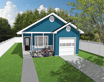 Two Bedroom Country Cottage Floor Plan, Tiny House Plans, 884 Square Feet, 29&#39;x50&#39;, Single Garage, Front Porch, Classic Small First Home