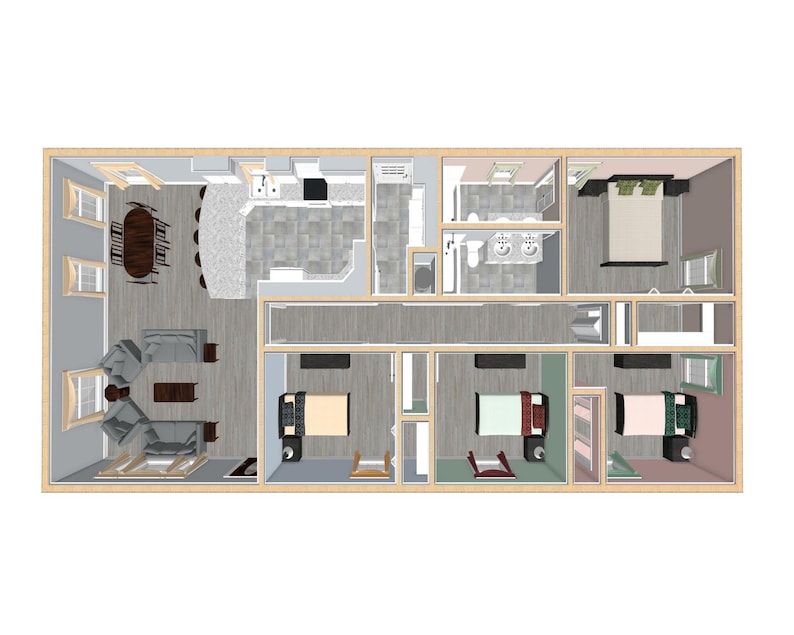 1500 Square Foot Four Bedroom Two Bathroom Floor Plan, Compact