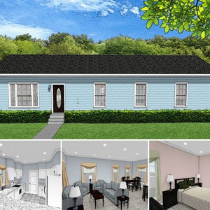 May include: A light blue house with a black roof, white trim, and a brown front door. The house has multiple windows and is surrounded by green grass and a white fence. Interior views show a kitchen, living room, and bedroom.