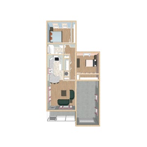 Puede incluir: Plano de planta de una casa visto desde arriba. El dise&ntilde;o incluye un dormitorio con cama, un ba&ntilde;o, una cocina con estufa y fregadero, una sala de estar con sof&aacute; y un garaje. Las paredes son de color marr&oacute;n claro y los muebles est&aacute;n coloreados.