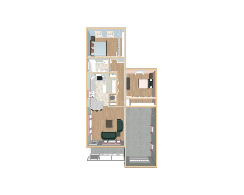 Puede incluir: Plano de planta de una casa visto desde arriba. El dise&ntilde;o incluye un dormitorio con cama, un ba&ntilde;o, una cocina con estufa y fregadero, una sala de estar con sof&aacute; y un garaje. Las paredes son de color marr&oacute;n claro y los muebles est&aacute;n coloreados.