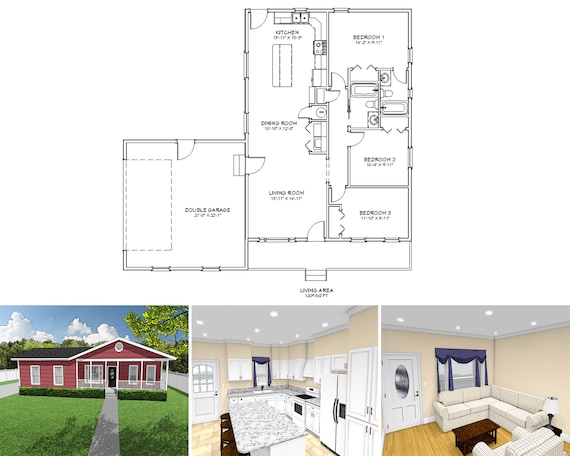 Plan d'étage de 900 pieds carrés avec deux chambres et une salle de bains, plans de maison de style ranch à un étage avec garage simple et porche - France