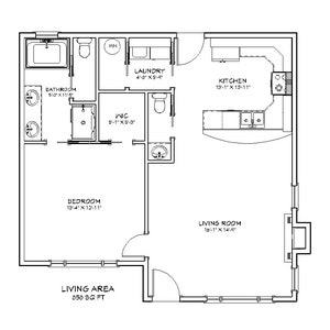 Planos arquitectónicos de cabaña tradicional de 1 dormitorio y 1,5 baños, 850 pies cuadrados, 30' x 30', casa pequeña, suite para suegra, casa para abuela, plano digital