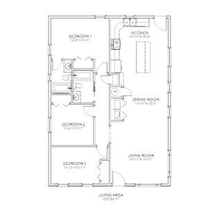 3 Bedroom 2 Bath Narrow Cottage Architectural Plans, 1209 SF, 29'x41', Compact Home Floor Plan, 1 Story Single Family House Plans, Blueprint
