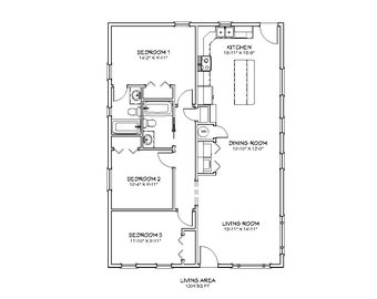 3 Bedroom 2 Bath Narrow Cottage Architectural Plans, 1209 SF, 29'x41', Compact Home Floor Plan, 1 Story Single Family House Plans, Blueprint