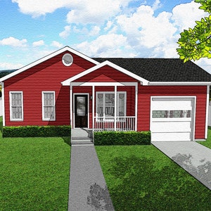 Two Bedroom Country Cottage Floor Plan, Tiny House Plans, 833 Square Feet, 44&#39;x34&#39;, Single Garage, Front Porch, Classic Small First Home