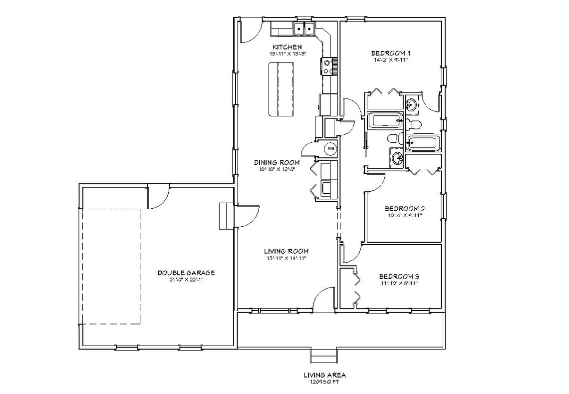 3 Bedroom 2 Bath Ranch Style Architectural Plans, 1209 SF 51'x46 ...