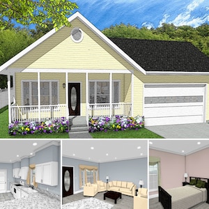 May include: A digital rendering of a small house with a yellow exterior, white trim, and a black roof. The house has a porch with white railings and a garage. Interior views show a kitchen, living room, and bedroom.