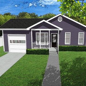 Huisplannen in ranchstijl met 2 slaapkamers, 2/1, 833 vierkante voet, 44'x34', enkele garage, veranda, klein eerste huis, plattegrond van het omahuis