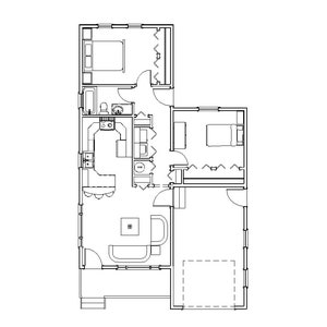 Puede incluir: Plano arquitect&oacute;nico en blanco y negro de una casa. El plano incluye habitaciones como dormitorios, una cocina, una sala de estar y un ba&ntilde;o. El dise&ntilde;o est&aacute; detallado con contornos de muebles.