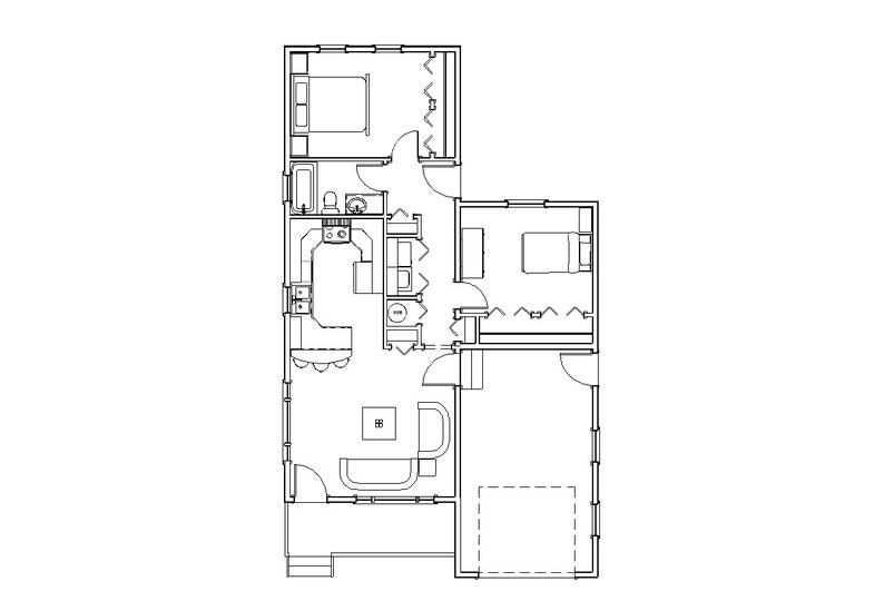 Puede incluir: Plano arquitect&oacute;nico en blanco y negro de una casa. El plano incluye habitaciones como dormitorios, una cocina, una sala de estar y un ba&ntilde;o. El dise&ntilde;o est&aacute; detallado con contornos de muebles.