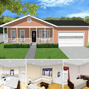 3 slaapkamers en 2 badkamers 1200SF 51x46 huisplannen, plattegrond in ranchstijl, garage voor 2 auto's, cottage home, architectonische plannen met 1 verdieping Digitale blauwdruk PDF