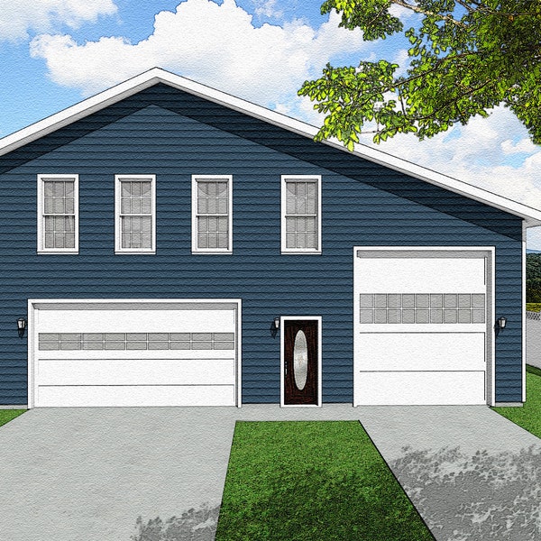 2 Bedroom Garage Apartment House Plans, RV Bus Big Rig Garage, 2/1.5, 1257 Square Feet, 47'x41', Traditional Cape Cod Style Small Floor Plan