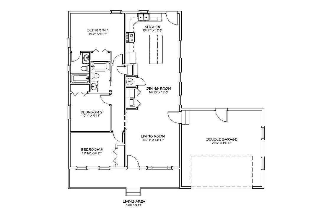 3 Bedroom 2 Bath Ranch Style Architectural Plans, 1209 SF, 51'x46 ...