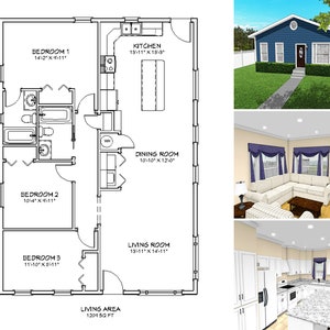 1200 Square Foot Three Bedroom Two Bathroom Floor Plan, One Story Traditional Cottage House Plans for Narrow Lots