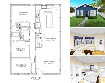 1200 Square Foot Three Bedroom Two Bathroom Floor Plan, One Story Traditional Cottage House Plans for Narrow Lots