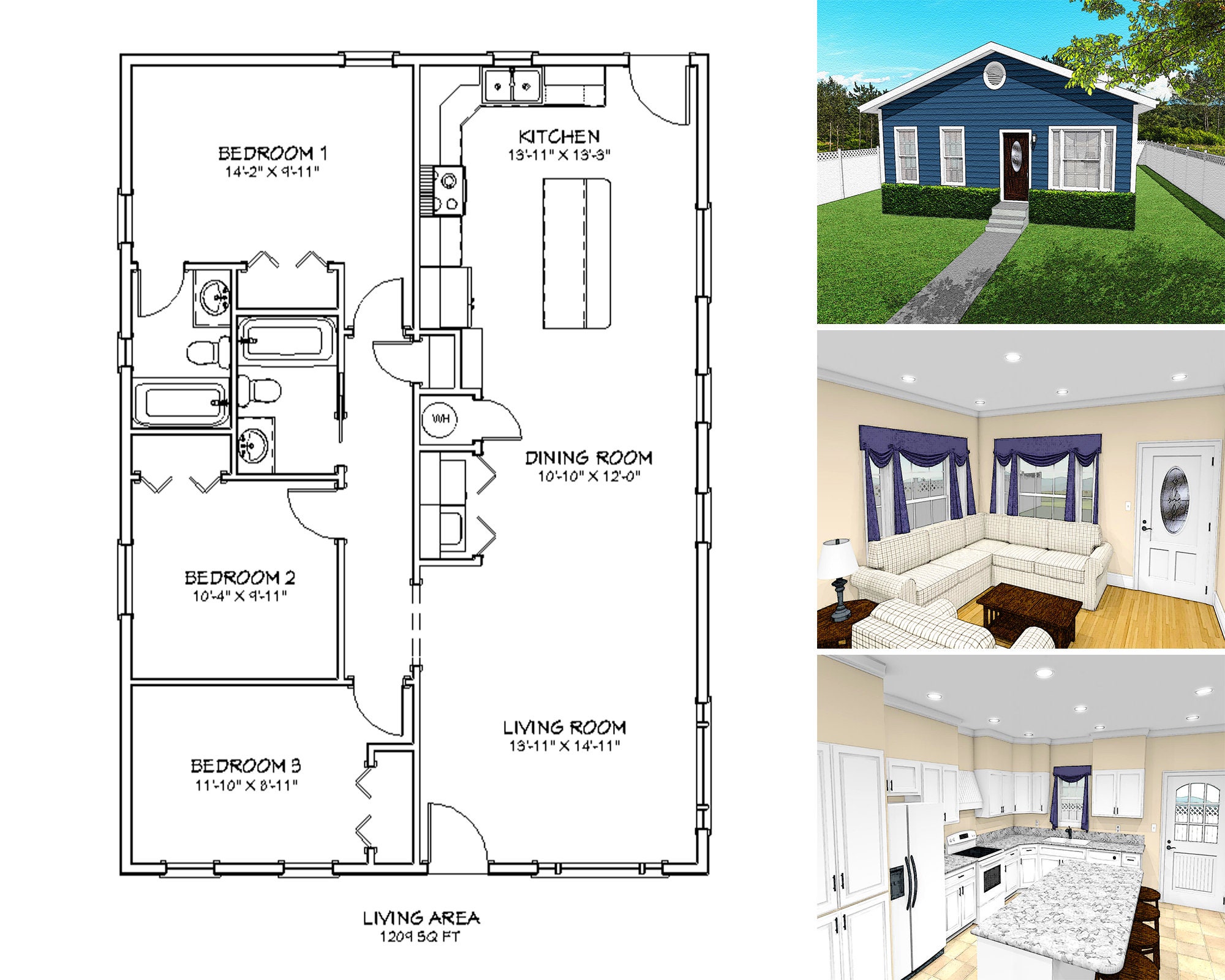 1200 Square Foot Three Bedroom Two Bathroom Floor Plan, One Story  Traditional Cottage House Plans for Narrow Lots - Etsy, image size:2000x1600