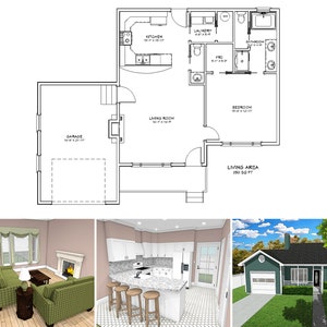 800 Square Foot One Bedroom One Bathroom Floor Plan, One Story Traditional Cottage House Plans, Single Garage, Front Porch