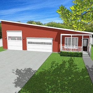 One Bedroom Country Home Floor Plan, RV Bus Big Rig Garage with Apartment, 705 Square Feet, 61&#39;x43&#39;, Front Porch, Small House Plans
