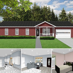 Plans de maison 4 chambres 2 salles de bain 1500 SF 82x25, maison de style ranch avec garage 2 voitures, plan d&#39;étage compact 1 étage, plan numérique PDF