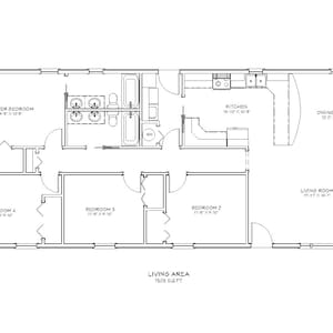 May include: A black and white floor plan of a house with four bedrooms, a kitchen, a dining room, and a living room. The house is 1505 square feet.