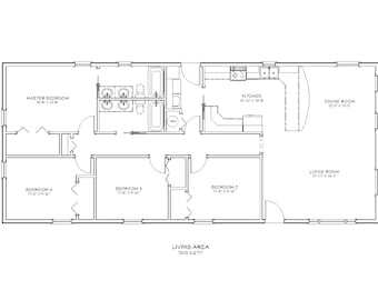 4 Schlafzimmer, 2 Bäder, Architekturpläne im Ranch-Stil, 1508 SF, 60&#39;x25&#39;, einstöckiger Grundriss, erstes Zuhause, Einfamilienhaus, digitale Blaupause PDF