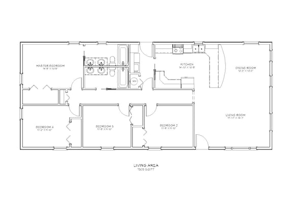 4 Bedroom 2 Bath Ranch Style Architectural Plans, 1508 SF, 60'x25', One Story Floor Plan, First Home, Single Family, Digital Blueprint PDF
