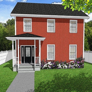 May include: A two-story red house with a black roof, white trim, and a small porch. The house has four windows and a front door with a decorative glass panel. Landscaping includes a green lawn, flowers, and a white fence.