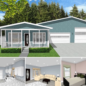 4 Bed 2 Bath 1500 SF 68x60 House Plans, RV Bus Big Rig Garage Apartment, 1 Story Ranch Style Floor Plan with Porch, Digital Bluepring PDF