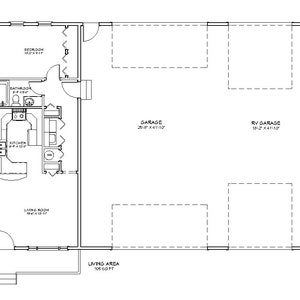 Planos arquitectónicos de apartamentos de 1 dormitorio, 1 baño, garaje, camión grande para vehículos recreativos, 705 pies cuadrados, 61&#39;x43&#39;, plano de planta de casa pequeña, planos de casas pequeñas, PDF digital